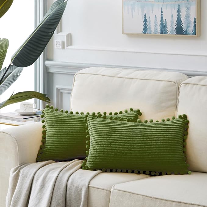 Fancy Homi Pack of 2 Moss Green Lumbar Decorative Throw Pillow Covers with Pom-poms, Soft Corduroy Solid Rectangle Cushion Cases Set for Couch Sofa Bedroom Car Living Room (12x20 Inch/30x50 cm)
