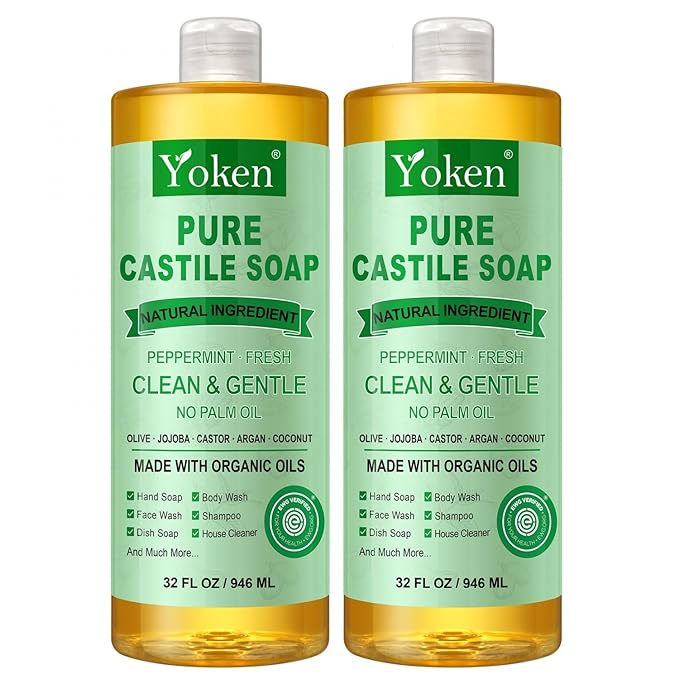 Yoken Peppermint Castile Soap Liquid (EWG Verified, 2pack 32 OZ) Made with Certified Organic Oils, Gentle Peppermint Soap for Body Wash, Face, Dishes, Laundry & More, Vegan Natural Versatile Cleanser