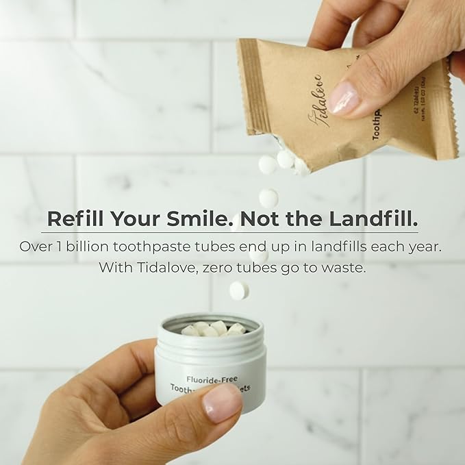 Tidalove Cool Mint Fluoride-Free Toothpaste Tablets with Nano Hydroxyapatite | Natural Whitening, Enamel Strengthening, Plastic-Free & Travel-Friendly (4 Month Refill)