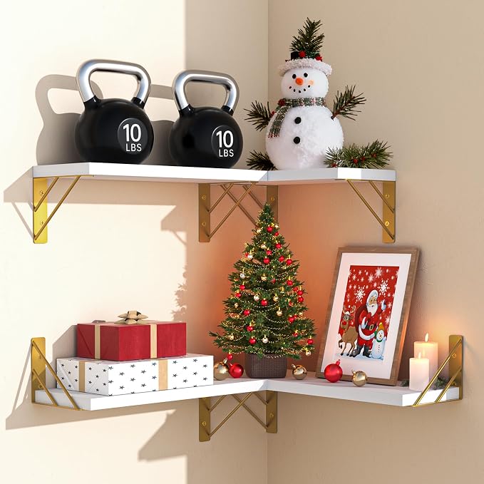 BAYKA Wall Shelves for Bedroom Decor, Floating Wall Shelf for Living Room Kitchen Storage, Mounted Rustic Wood Shelves for Kids Books, Christmas Decorations for Room(White and Gold,Set of 4)