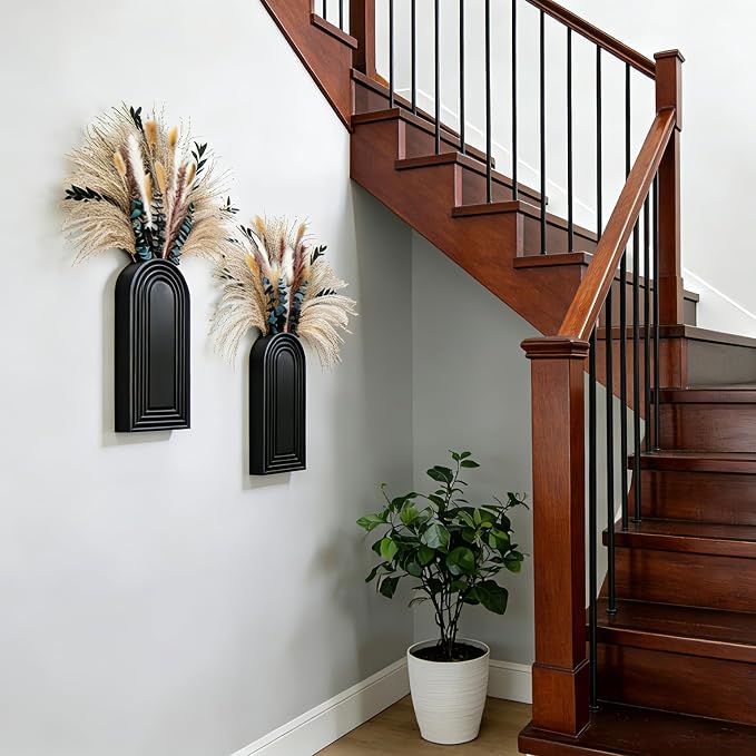 2 Pack Wooden Wall Vase Set with Pampas Grass Eucalyptus, Modern Farmhouse Boho Wall Decor for Living Room, Entryway, Hallway, Bathroom, Dining Room, Black Wall Art for Home Decoration