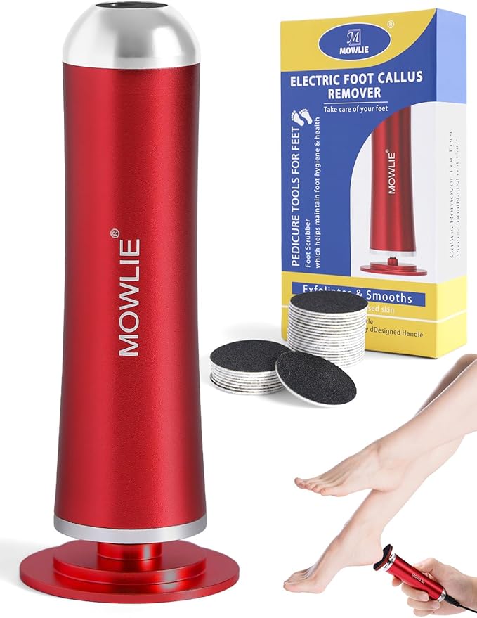 Electric Foot Callus Remover,MOWLIE Electric Foot Care Tools with Speed Controller and 60pcs Replacement Sandpaper Disk for Men Women Dead Dry Crack Skin Calluses(red)