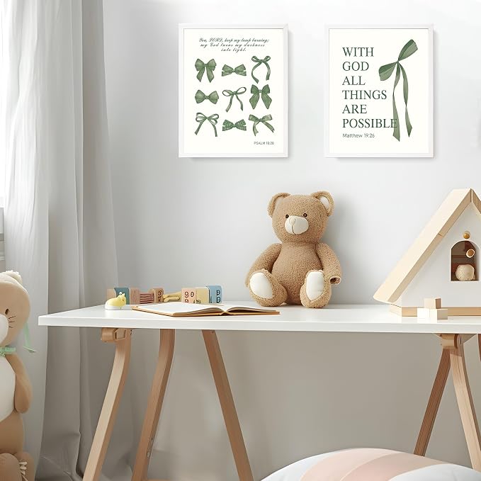 LARTSFRO Coquette Green Bow Wall Art Decor Posters, Olive Green Bow Christian Room Bedroom Bathroom Dorm Wall Art Decor Aesthetic for College Teen Girls Gifts, Inspirational Bible Verses Bow Wall Decor, 10x8 Inch Set of 4 Pcs Bow Pictures (UNFRAMED)