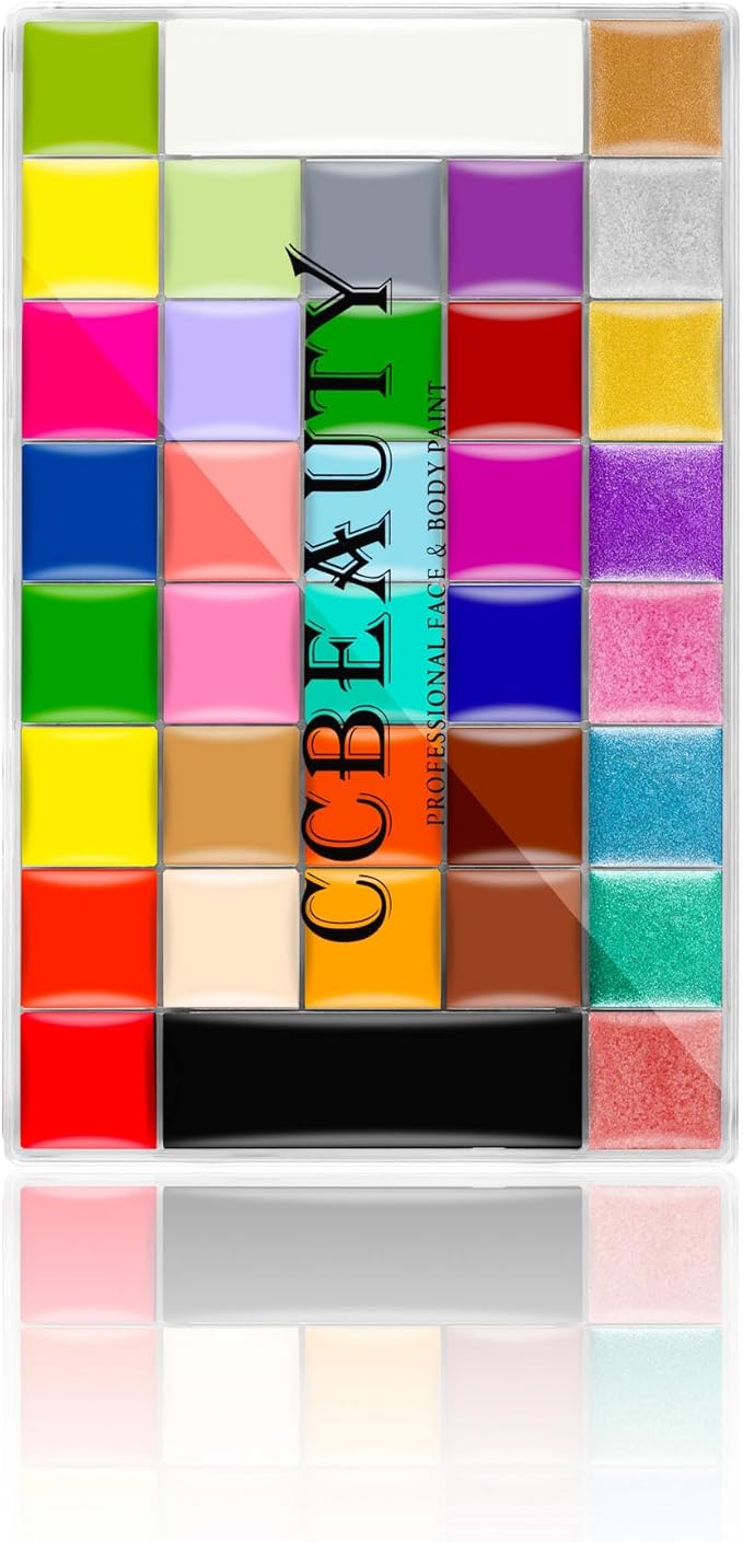CCbeauty 36 Colors Face Body Paint Oil Based, Safe Neon Face Painting Palette Kit with Translucent Setting Powder,10 Black Brushes for Halloween SFX Special Effects Costume Cosplay Makeup