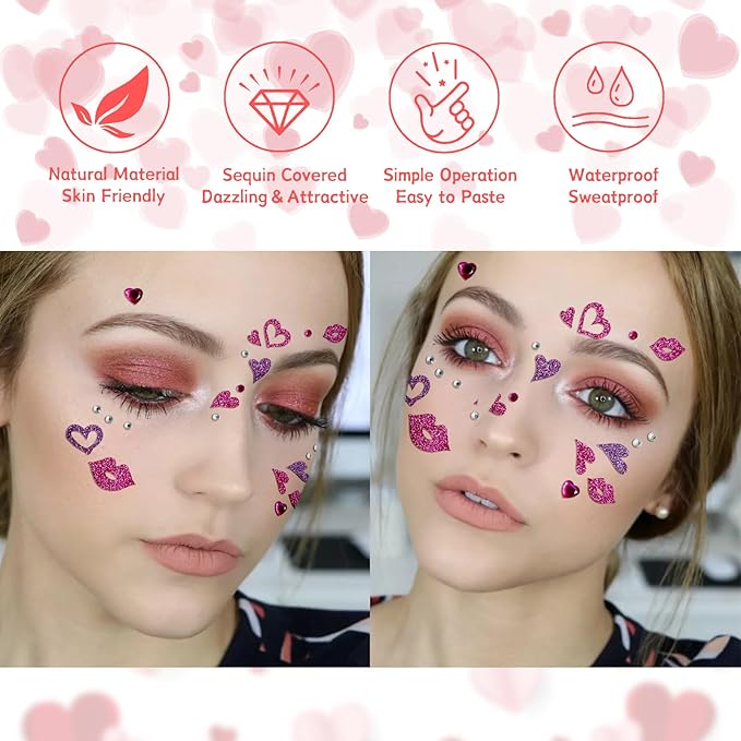 Heart Face Tattoos Stickers Glitter Face Gems Valentine's Day Temporary Tattoo Lip Kiss Face Stickers for Women 4Pcs