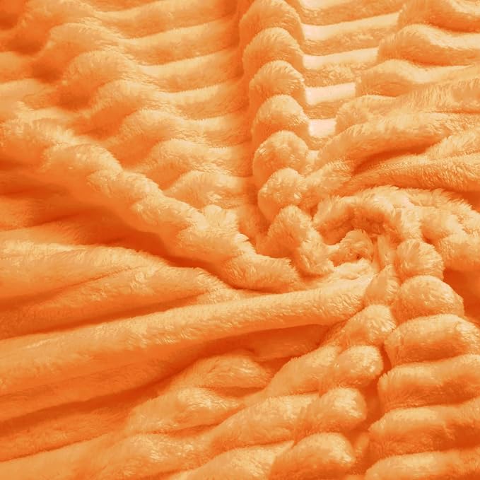 Vessia Flannel Fleece Throw Blanket for Couch,Sofa,Bed, 300GSM Microfiber Light Orange Striped Chair Blanket for Adults and Kids, Super Soft Warm Cozy Lightweight Ribbed Throw for All-Season