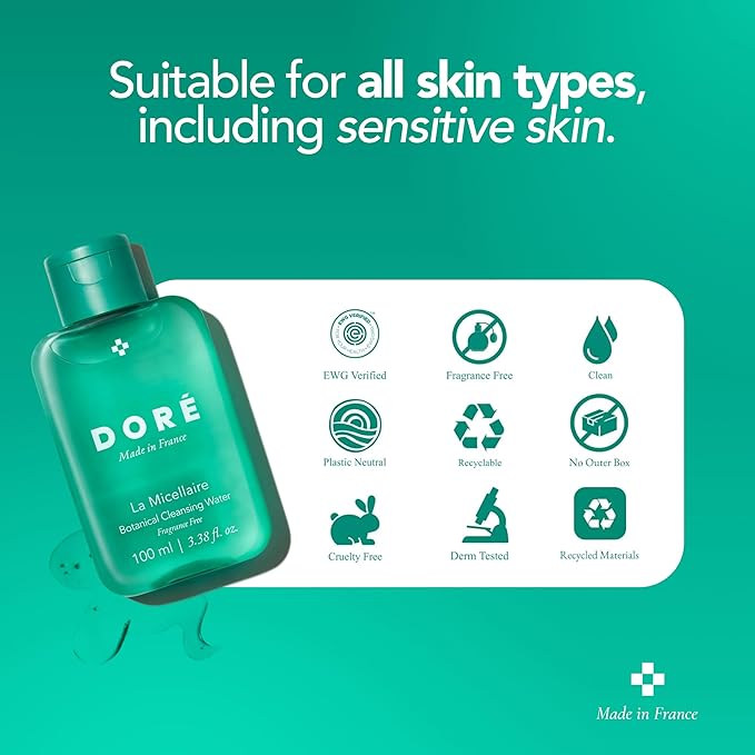 Doré La Micellaire Water Travel Size for Waterproof Makeup, Hydrating Facial Cleanser & Eye Makeup Remover, Suitable for Sensitive Skin, Removes Excess Oil and Dirt (3.4oz)
