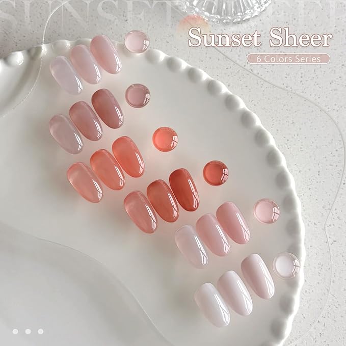 GAOY Sunset Sheer Jelly Gel Nail Polish of 6 Transparent Nude Red Pink Coral Colors Sheer Gel Polish Kit for Salon Manicure and Nail Art DIY at Home