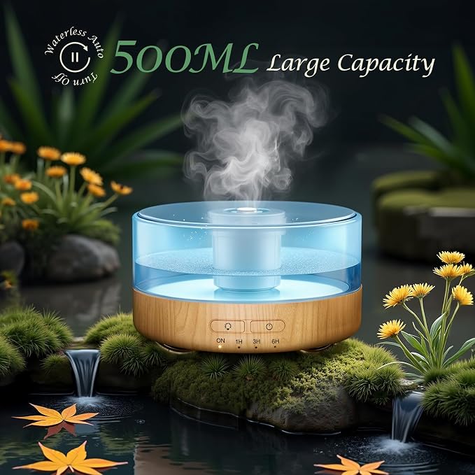 Essential Oil Diffuser for Home: 500ML Aroma Diffuser with Fireplace Flame Light & 9 Colors LED Improved - Quiet <25dB Cool Mist Humidifier for Bedroom Office Yoga Room