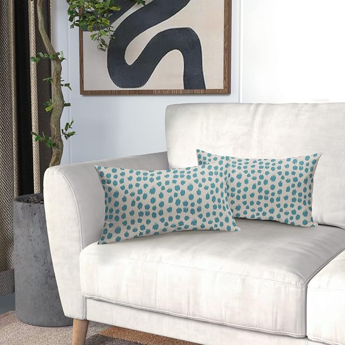 Aqua Cream Pillow Covers 12x20 Set of 2 Boho Design Polka Dot Throw Pillows Modern Brush Strokes Print Decorative Outdoor Pillowcase Lumbar Cushion Cover Linen Pillow Case for Home Sofa Couch Bed