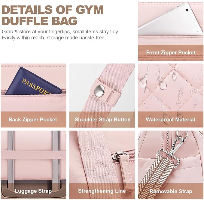 SYTRAH Gym Bag for Women, Duffle Weekender Bags for Travel, Lightweight Weekender Tote with Wet Pocket for Sports, Workout and Dance Pink
