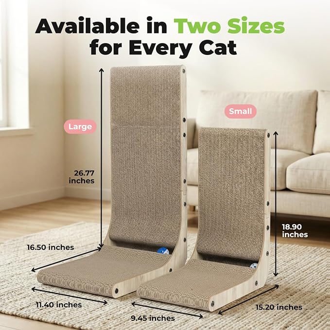 Best Pet Supplies Catify L-Shaped Cardboard Cat Scratcher - H: 26" | 16" x 11" x 26", Ball Toy Included, Durable Corrugated Cardboard, Space Saving Design, Furniture Protector, For Big Cats