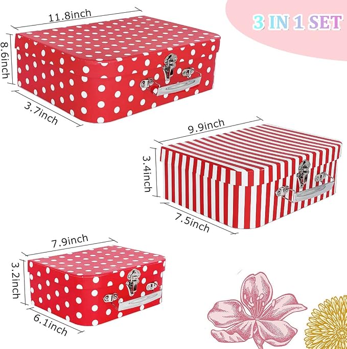 Paperboard Suitcases Set of 3 Decorative Storage Boxes With Lids, Red Gift Boxes With Lids, Nesting Gift Boxes for Disney Toys Barbie Doll Kids, Christmas or New Year Decoration
