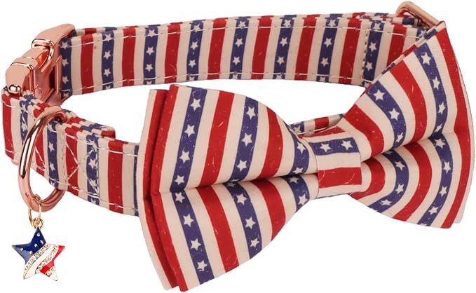 ADOGGYGO American Flag Dog Collar with Bow, Detachable Striped Star Bow, Metal Buckle, Adjustable Patriotic 4th of July Collars for Medium Dogs Boy Girl Male Female (Medium)