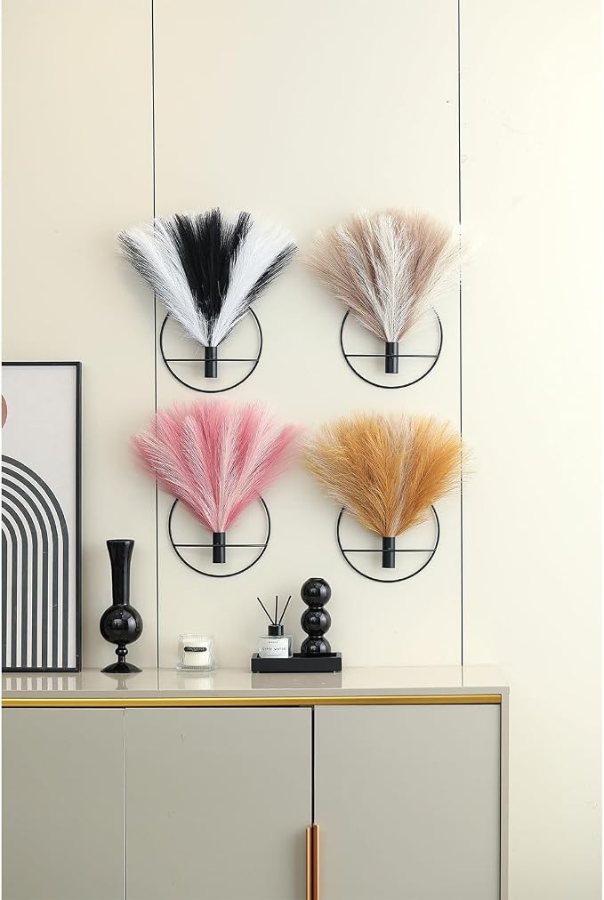Pretty Jolly Boho Pampas Wall Decor Black Metal Wall-Mounted Art | Morden Artificial Greenery Display,2 Pack Hanging Planter For Living Room, Bedroom, Bathroom, Dining room