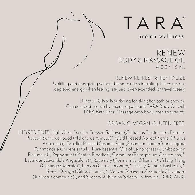 TARA Spa Therapy Renew Body & Massage Oil – Premium Organic Oil for Revitalization & Skin Renewal, 100% Pure Essential Oils, Geranium, Lemon & Rosemary, 4 oz