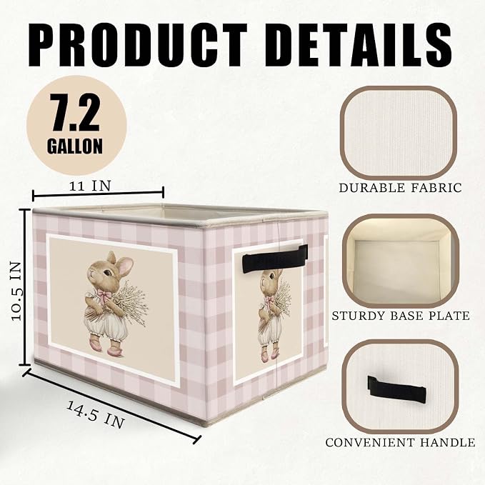 Bunny Nursery Storage Bins Basket, Toybox for Girls Room, Rustic Rabbit Neutral Checkered Collapsible Fabric Storage Box Organizer for Bedroom Bathroom Clothes Books Toys
