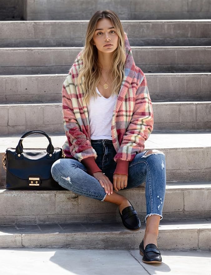 Zilcremo Women Hooded Cardigan Fuzzy Jacket Winter Open Front Fleece Coat Outwear with Pockets