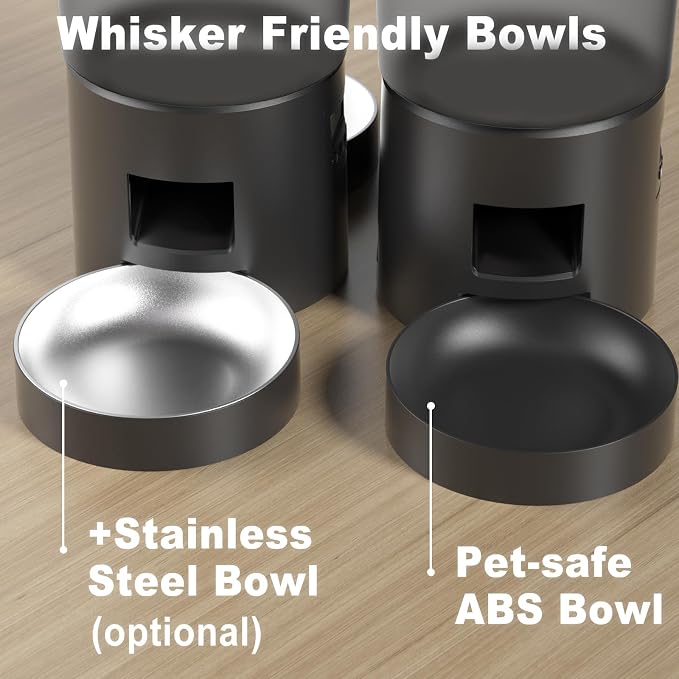 Automatic Cat Feeder 2 Cats, 4.2L Dry Food Auto Dispenser with Double Bowls,Dual Power Supply,Programmable Portion Control,10s Voice Recorder(Black,Stainless Steel Bowls) (Transparent+Black)