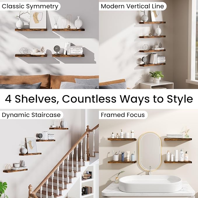 BAYKA Rustic Brown Floating Shelves 15.7in, Set of 4, Wall Mount Wood Shelf | Easy Install, 22lbs Max Load, Hidden Bracket, Hanging Shelf for Books Storage/Room Decor, Multi-Wall Compatible