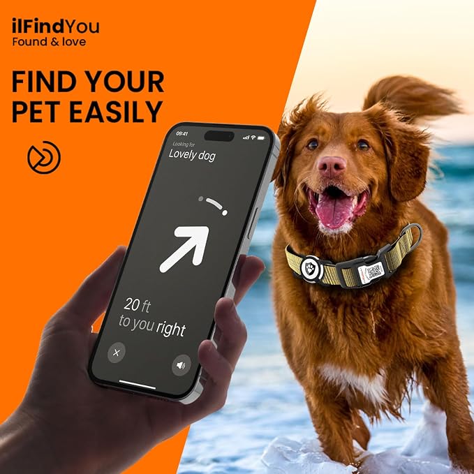 Waterproof AirTag Dog Collar with QR Code Dog Tag, Champagne M | IP68 waterproof, QR code dog tag, Anti-Lost, Online profile, fits XS-L (8"-26"), Padded nylon, Reflective, No App, No Fees