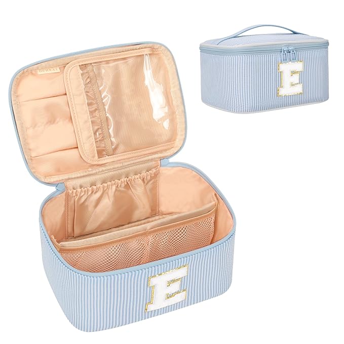 OCHEAL Makeup Bag Valentines Day Gifts for Women, Monogram Cosmetic Bag Blue Travel Makeup Case Beauty Toiletry Bag Organizer Personalized Gifts for Girls Bridesmaid, Sister, Wife, Friends Initial E