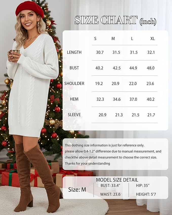 Women's Pullovers Jumper Sweaters Lantern Sleeve Casual V Neck Fall Knit Mini Sweater Dresses