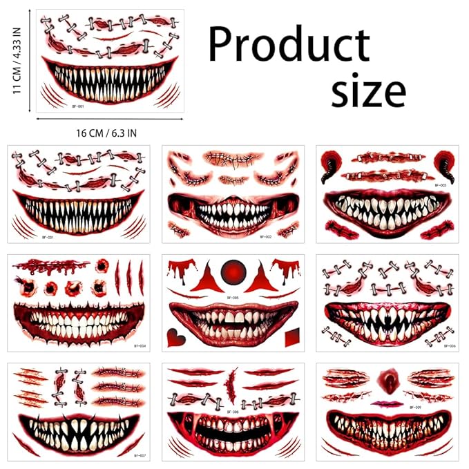 9 Sheets Halloween Tattoos - Halloween Temporary Tattoos, Horrible scar Makeup Fake Face Stickers, Funny scar mouth Face Decals for Adults Women Girls Clown Makeup Kit Party
