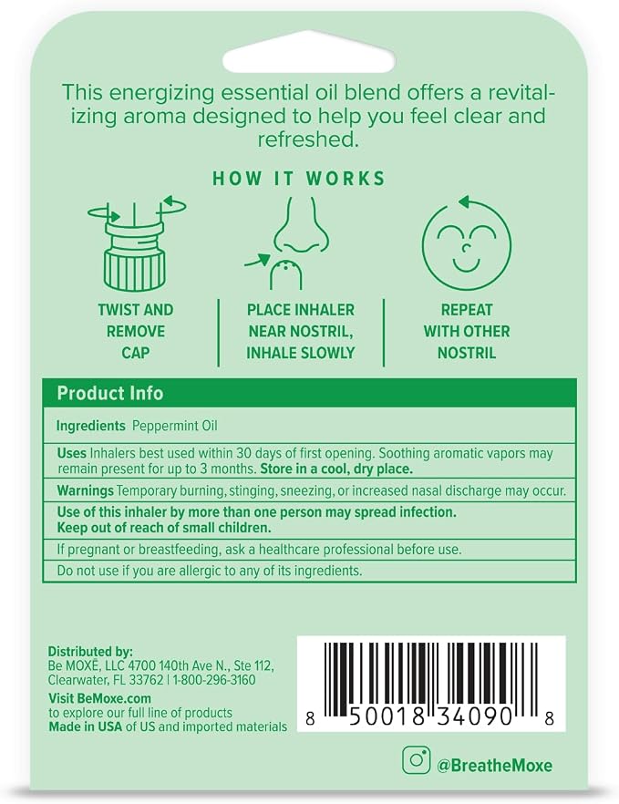 MOXE Peppermint Essential Oil Nasal Inhaler, Therapeutic No-Mess Aromatherapy, Cooling, Refreshing, Invigorating, Uplifts Mood and Positivity, Pure and Undiluted, Made in USA (1 Pack)