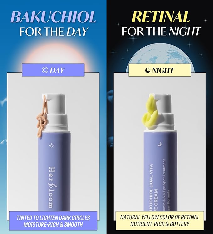 HERBLOOM Bakuchiol Night Care Eye Cream | Bakuchiol Dual Vita with Tinted Day Concealer | Korean EyeCream for Dark Circles Fine Lines 0.54 Fl Oz