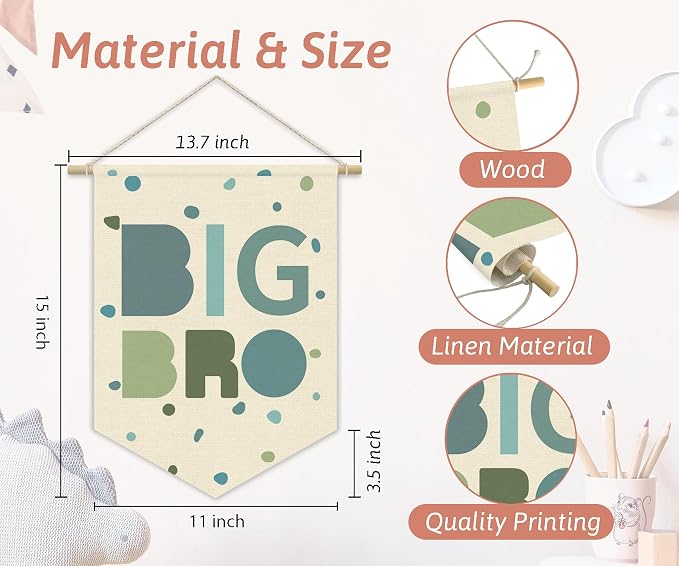 Big Brother Nursery Decor Canvas Banner,Boy Bedroom Playroom Wall Art Decorations,Boho Twin Room Sign,Big Bro Lil Bro, Sage Green Blue Kids Room Sibling Wall Hanging Pennant Flag Banner