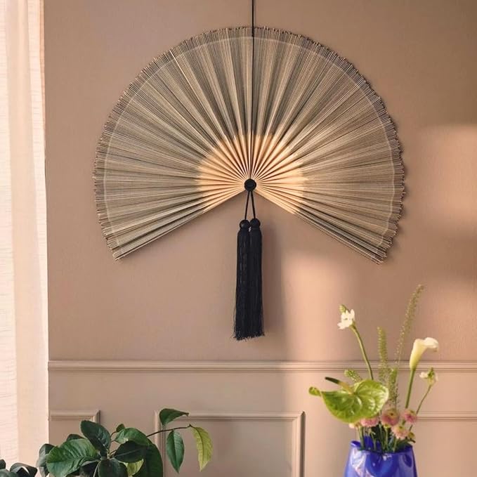 ChumDecor Bamboo Fan Wall Decor, Japanese Wall Fan Decoration, Gray 31 in | Cute Decorative Oriental and Asian Style Hanging Piece for Above the Bed Headboard Nightstand or Small Living Room