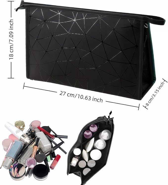 Btolin Geometric Pattern Cosmetic Storage Bag Leather Period Pouch for Women & Teens - Waterproof Small Makeup Bag | Portable Menstrual Pad/Tampon Holder | Black Travel Organizer