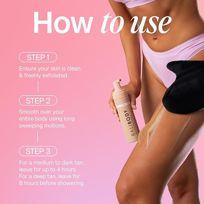 Bali Body Self Tanner Mousse Dark โ Sunless Tanning Foam for Body | Natural, Streak-Free, Fake Tan | Vegan, Cruelty-Free, Organic Self Tan Mousse for All Skin Types (100ml/3.4 fl oz)