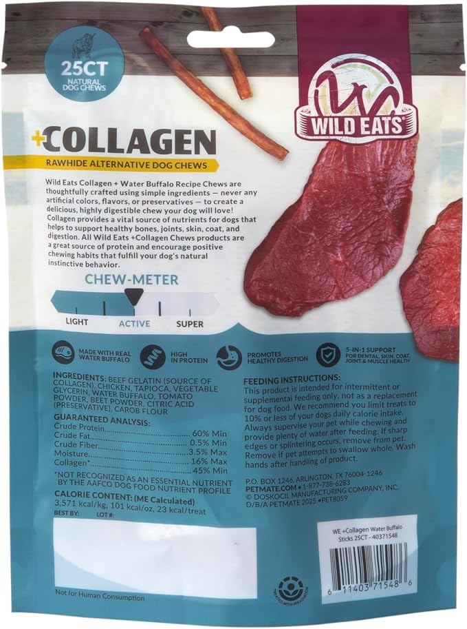 Wild Eats Water Buffalo Collagen Sticks for Dogs (25 Pack, 0.6 cm Wide) Long Lasting Dog Chews, No Hide Dog Treat Bully Stick Alternative, Rawhide Free, Grain Free, High Protein | Rawhide and grain free no hide chew treats, bully style alternative, 0.6...