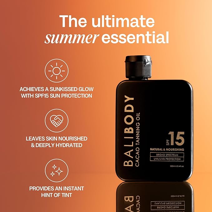 Bali Body Cacao Tanning Oil SPF 15 | For Deep Natural-Looking Sun Tan Glow | Hydrating Sun-Tanning Oil Made from Organic Cacao, Chocolate Tint | Vegan, Cruelty Free, Australian Made (100ml/3.4 fl oz)