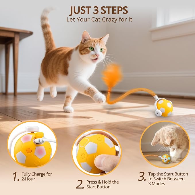 XRG Interactive Cat Toys for Indoor Cats, Automatic Moving Cat Ball Toy with Mesh Tail & Feather, Motion Activated Kitten Toy for Bored Adult Cats, Two Metal Bells, Low Noise Design(Yellow and Orange)