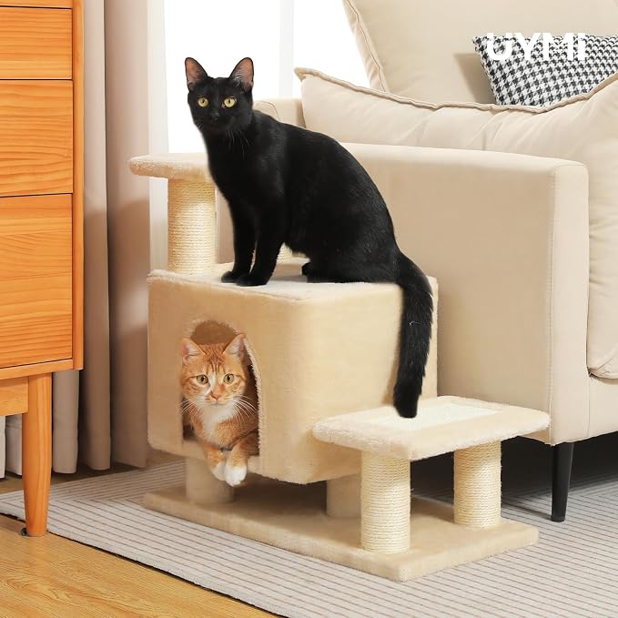 3-in-1 Cat Stairs with Scratching Post & Condo, Pet Steps, Beige | Pet Steps for High Beds, Sofa, Couch, Tall Cat Tower, High-Strength Boards for Indoor Small Cats Kittens Dogs Climbing Play