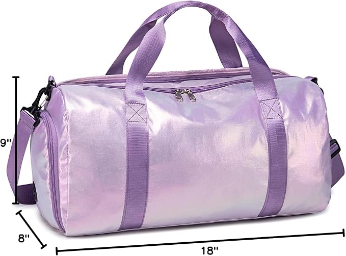 Gym Bag Sports Duffle Bag with Wet Pocket Weekender Overnight Bag with Waterproof Shoe Pouch and Air Hole for Women Girls Travel Foldable Bag (Metallic Purple)