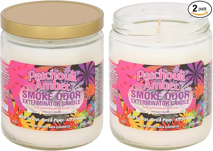 Smoke Odor Exterminator 13 oz Jar Candles Patchouli Amber, (2)