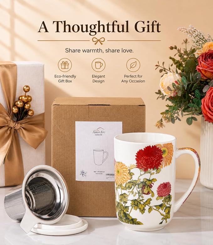 AmorArc Porcelain Tea Mug with Infuser and Lids, 18 Oz Coffee Cup Strainer with Bag Holder for Loose Leaf Tea, Steeping Coffee Mug for House-warming Wedding Birthday Gift