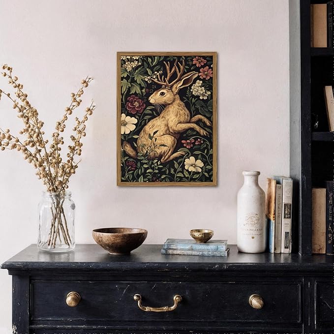 Vintage Rabbit Wall Art Whimsical Dark Cottagecore Jackalope Wall Decor Painting Moody Animal and Botanical Poster Canvas Print for Living Room Bedroom 16x24 inch Wood Framed