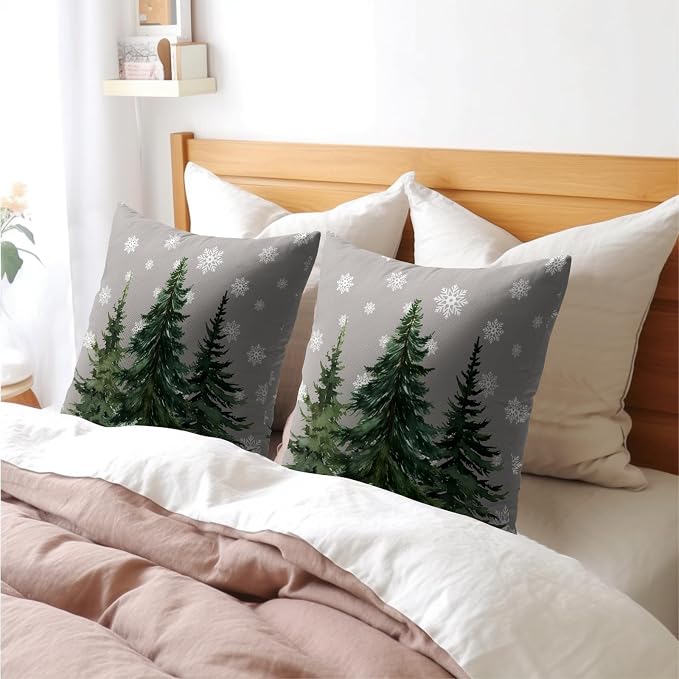 Kawani Winter Pine Trees Pillow Covers 20x20 Inches - Pack of 2 Xmas Snowflakes Tree Forest Grey Cotton Linen Square Throw Decorative Pillowcase for Sofa Couch Bed Outdoor Home Decor