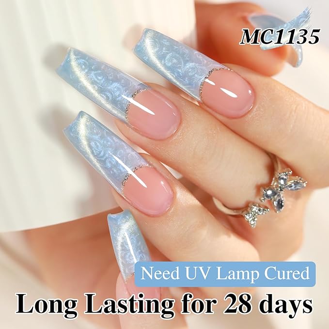 Double Rhythm 15ML Ice Glass Cat Eye Gel Polish with Magnet Holographic Glitter Shimmer Translucent Sheer Color Salon Soak Off Magnetic Nail at Home (Mermaid Blue-MC1135)