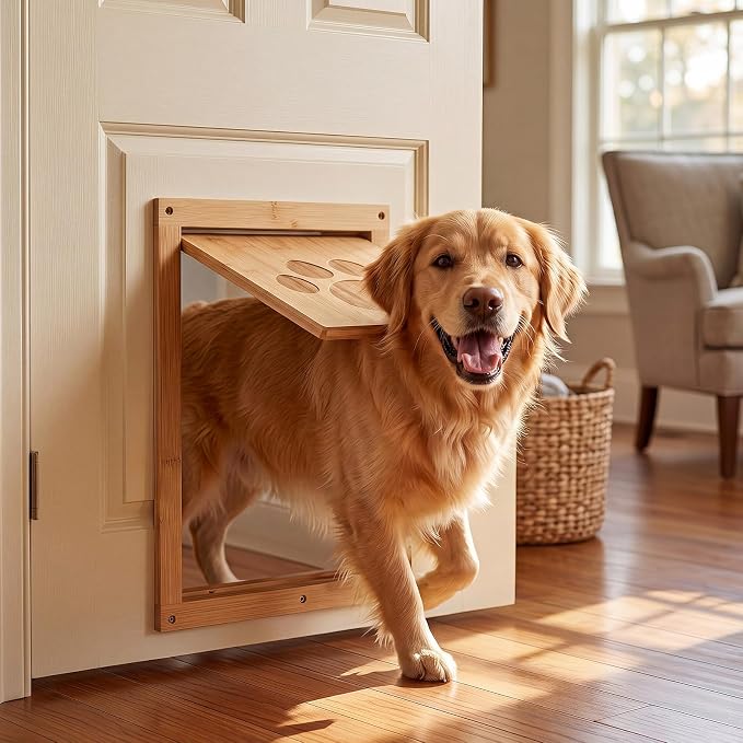 Sliner 16.5 x 12 Inch Large Dog Lockable Door for Pets to 100 lb, Vintage Wooden Doggy Door, Suitable for Interior and Exterior Doors