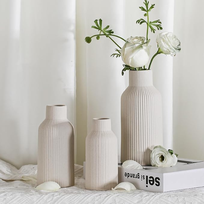 Bohemian Beige Ceramic Vase - for Pampas Grass, Mantel, Bookshelf, Entryway and Living Room Decor (Beige, Set of 3)