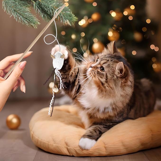 NOWFRESH Cat Wand Toy Set, 2 PCS Interactive Cat Teaser Wands with Cute Lion & Mouse Designs, Equipped with Bells and Streamers to Captivate Your Cat’s Attention