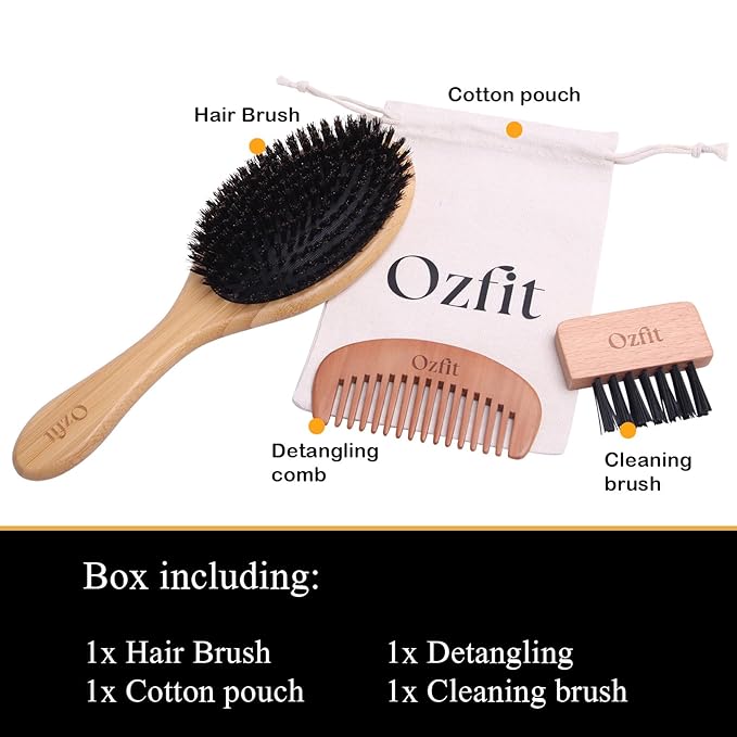 OZFIT 100% Boar Bristle Hair Brush - Natural Bamboo Hair Brush for Men & Women, Promotes Hair Growth, Includes Travel Bag & Cleaner