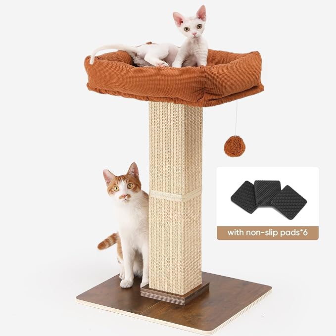 FUKUMARU Retro-Style Cat Scratching Post with Perch for Indoor Adult Cats | 28.7" Elevated Tall Cat Bed, Solid Wood Large Cat Scratcher Tower with Bed, Aesthetic Cat Tree Furniture with Natural Sisal