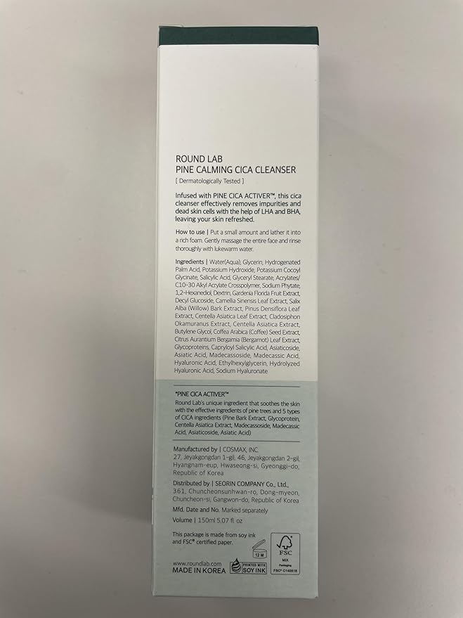 ROUND LAB Pine Calming Cica Cleanser 5.07 Fl Oz – Acne Face Wash with Salicylic Acid, BHA & LHA for Sensitive Skin, Soothing Cica + Hydrating Hyaluronic Acid, Gentle Foaming Cleanser, 150ml